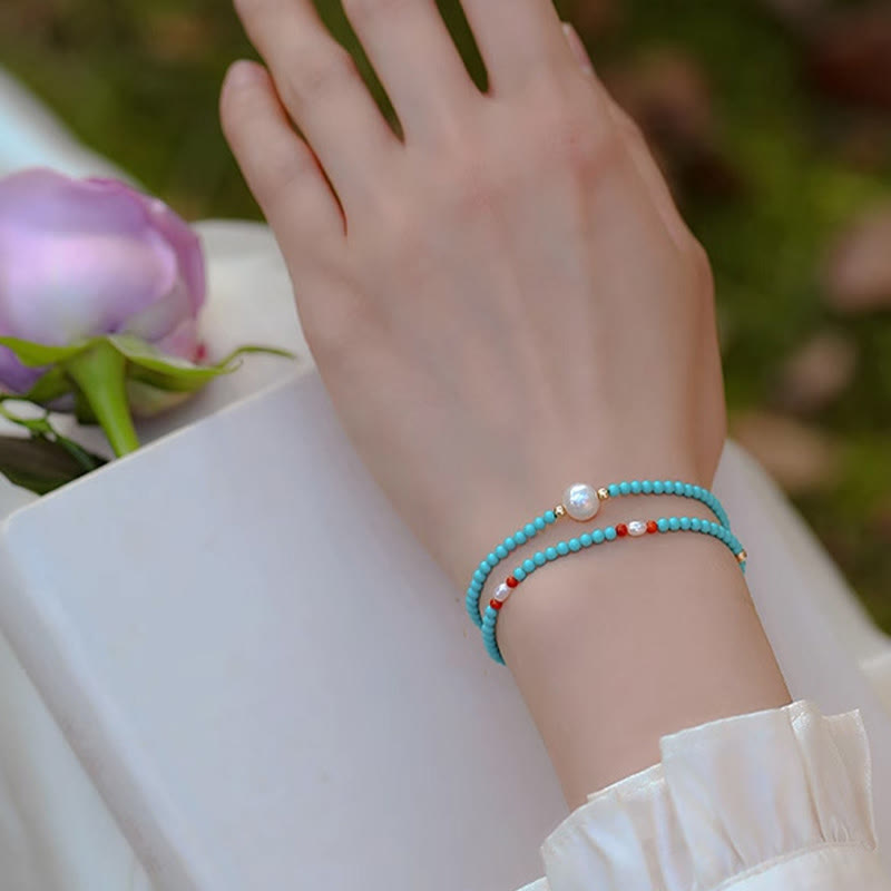 Turquoise Red Agate Pearl Small Beaded Protection Bracelet