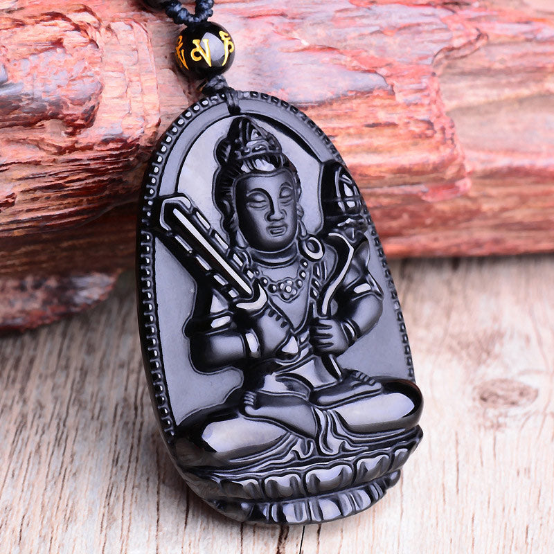 Chinese Zodiac Obsidian Buddha Amulet Protection Pendant Necklace