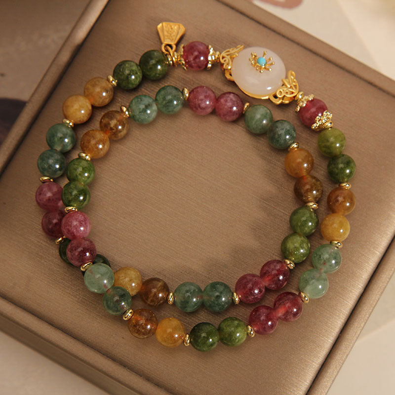 Natural Multicolored Tourmaline Positive Jade Flower Double Wrap Bracelet
