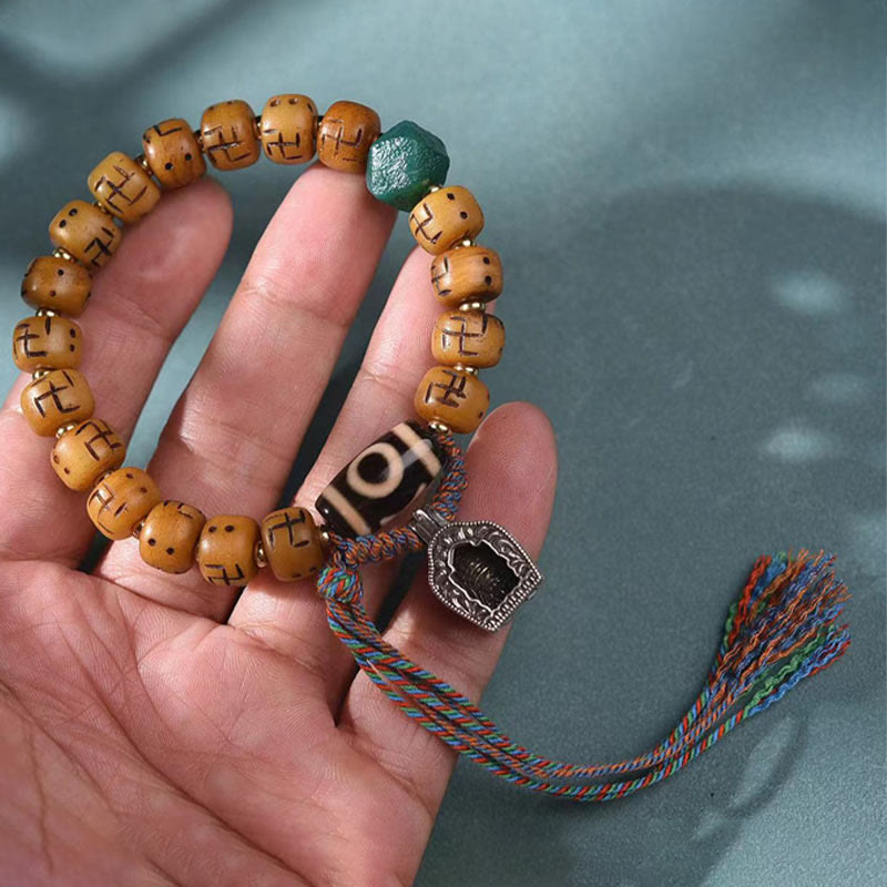 Natural Tibetan Camel Bone Bracelet with Dzi Bead, Shankha, or Kirtimukha Charms