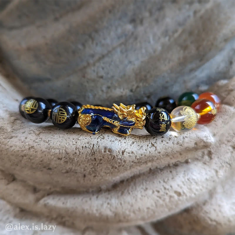 Color-Changing Pixiu & Five Elements Black Obsidian Beaded Bracelet