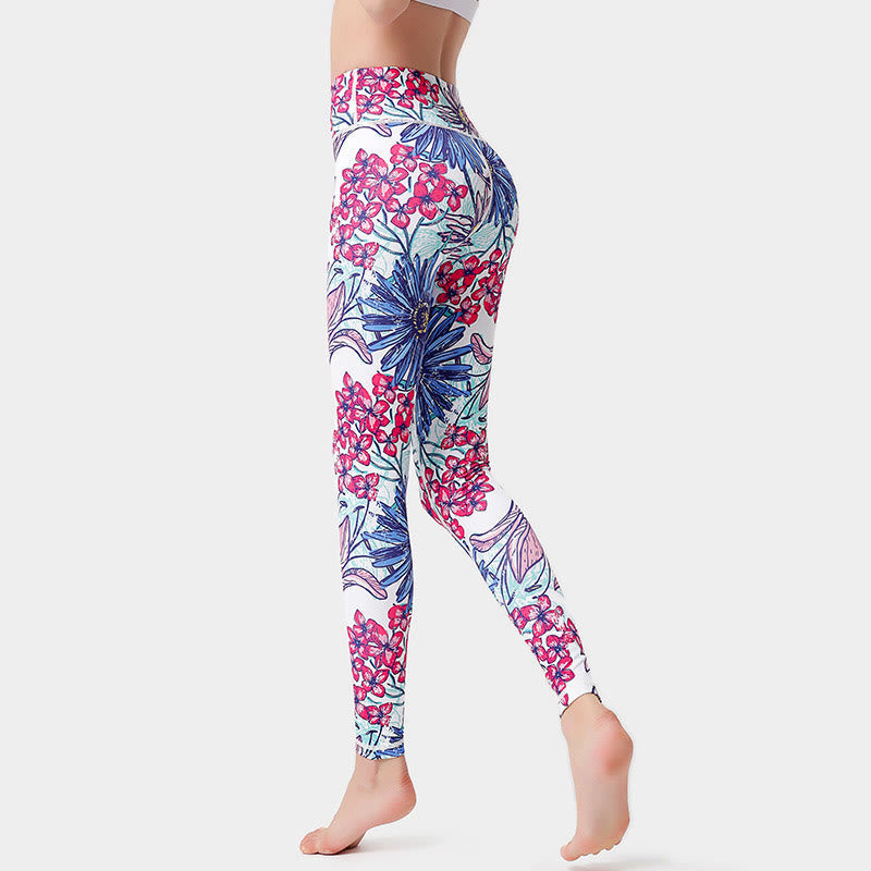 Colorful Flower Petal Leaves Print Sports Exercise Fitness High Waist Leggings Women's Yoga Pants
