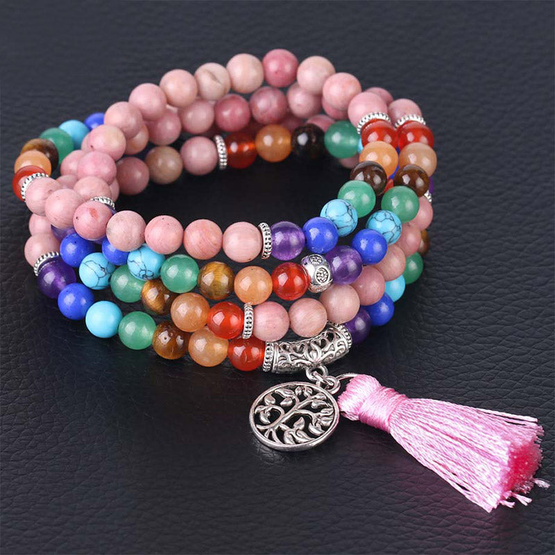 108 Mala Beads Rhodonite Blue Crystal Lazulite Healing Bracelet