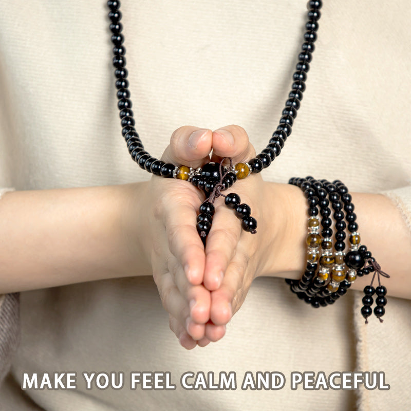 108 Beads Natural Black Obsidian Tiger Eye Mala Bracelet