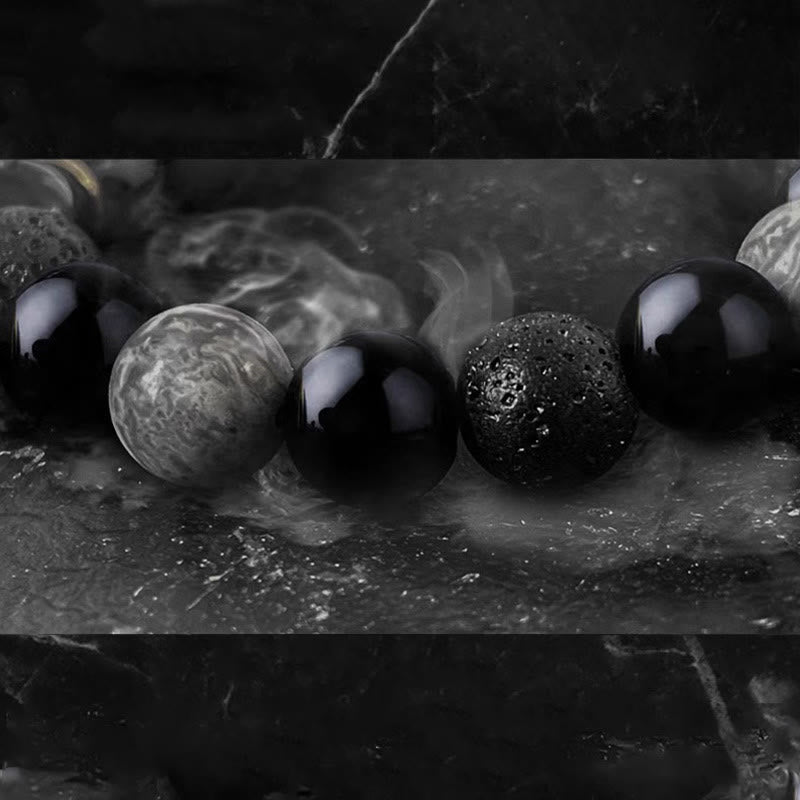 Natural Black Obsidian and Lava Rock Yin Yang Beaded Balance Bracelet