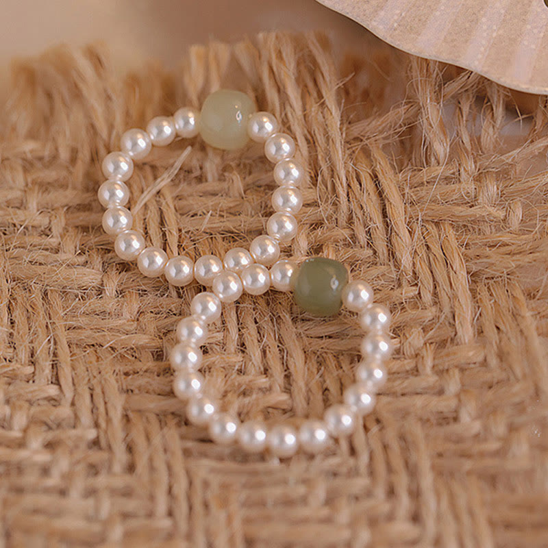 Natural Round Jade and Pearl Beaded Minimalist Ring