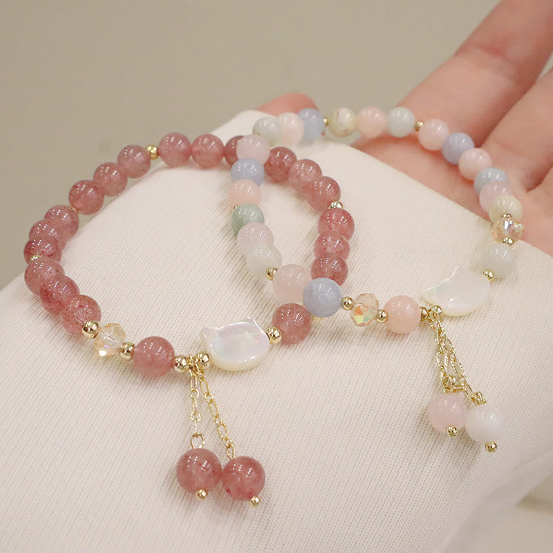 Natural Strawberry Quartz & Morganite Tridacna Gemstone Carved Cat Charm Bracelet