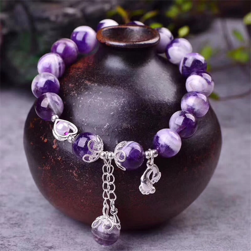 925 Sterling Silver Natural Amethyst Healing Feet Love Heart Charm Bracelet