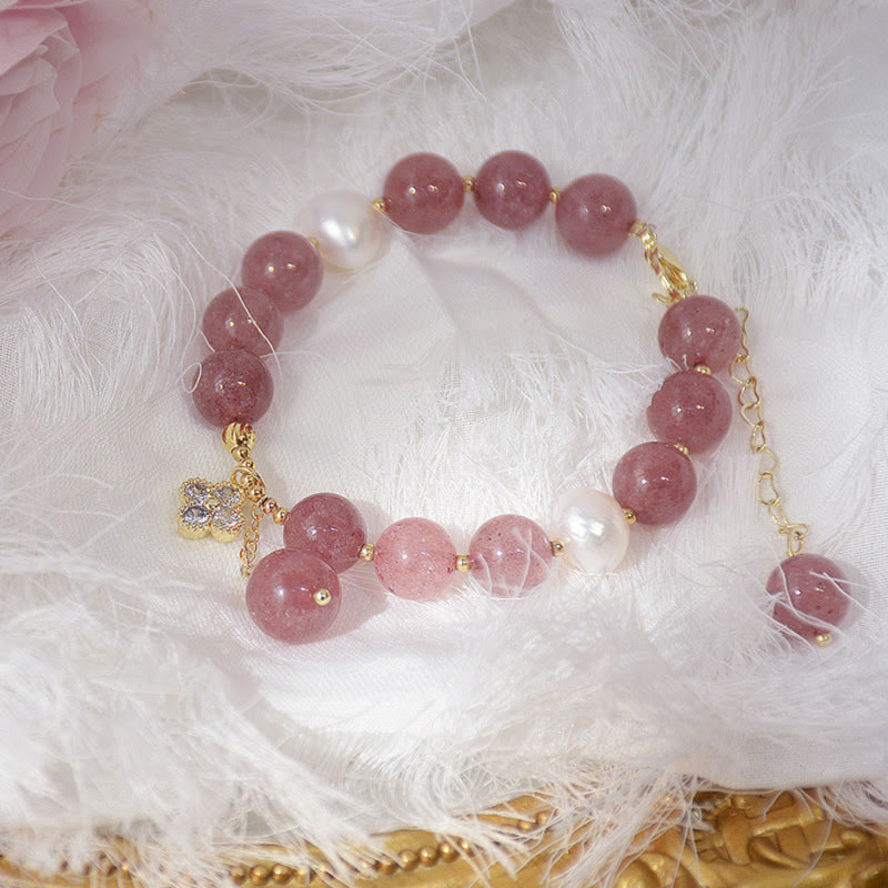 Natural Strawberry Quartz and Pearl Four-Leaf Clover Charm Bracelet