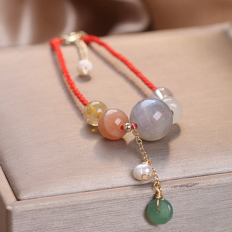 Multi-Gemstone Rope Bracelet with Moonstone, Sunstone, Hetian Jade & Ping An Kou Charm