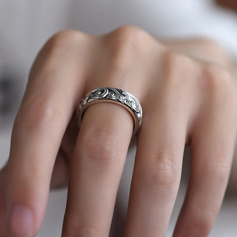 999 Sterling Silver Auspicious Clouds Engraved Blessing Adjustable Ring