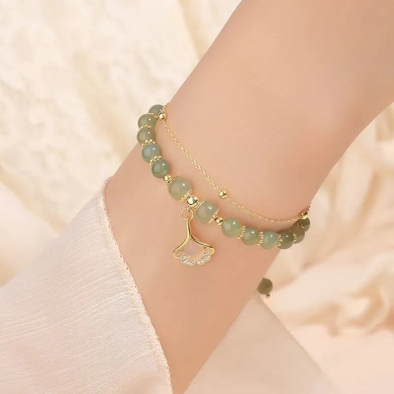 Jade Leaf Ginkgo Tulip Peanut Fu Character Luck Beaded Bracelet