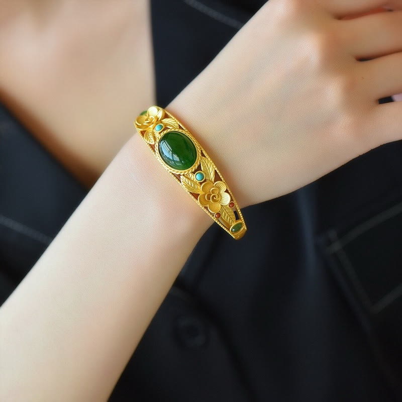 Cyan Jade White Jade Flower Leaf Harmony Luck Bracelet Bangle