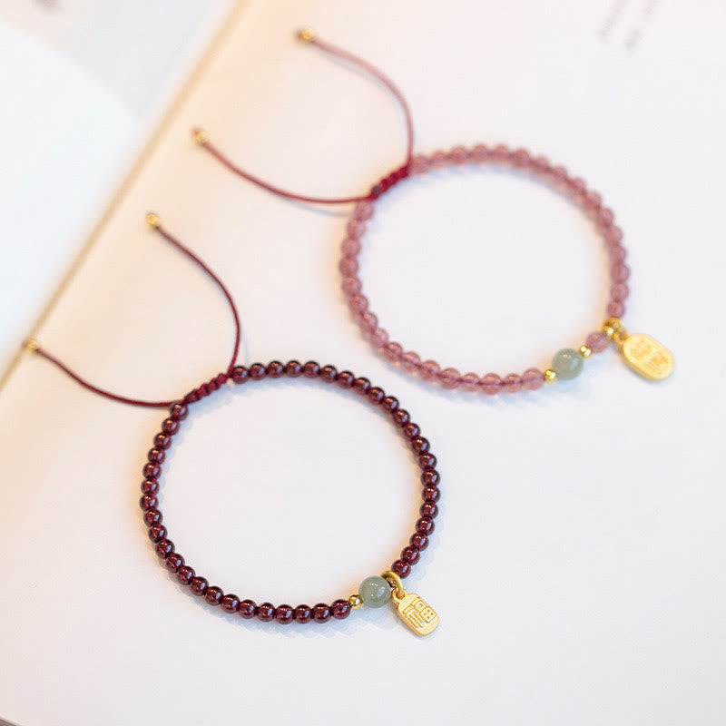 Natural Jade & Strawberry Quartz Garnet Fu Prosperity Character Beaded Bracelet