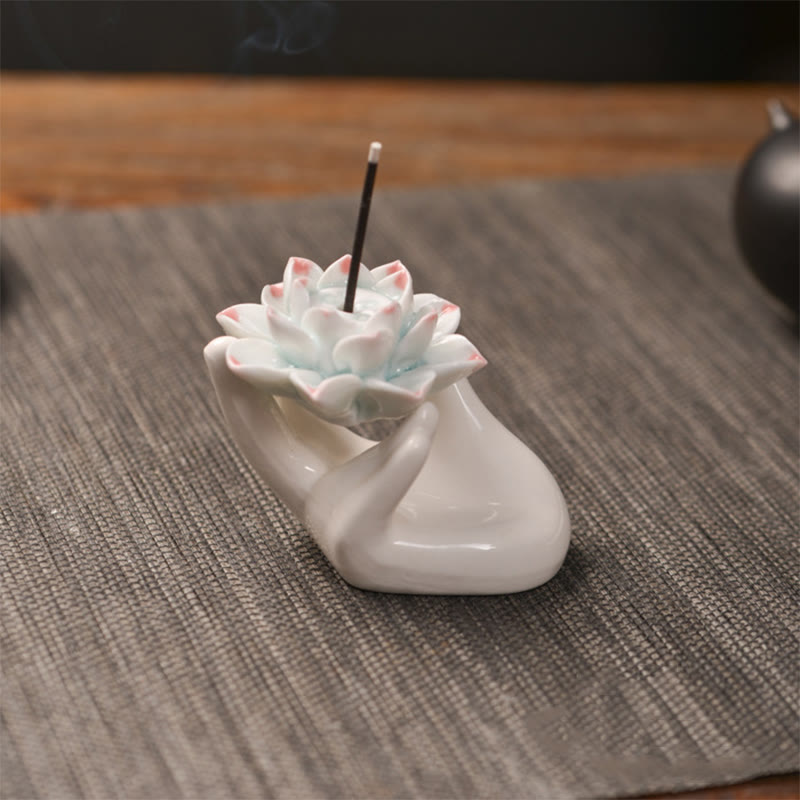 Small Ceramic Mudra Hand & Lotus Incense Burner for Mindful Practice