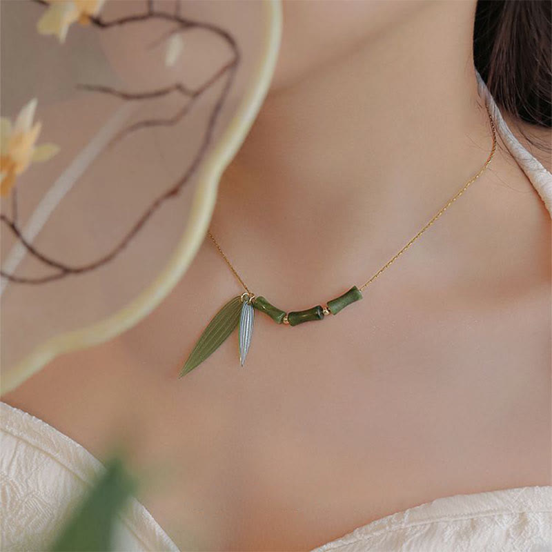 Bamboo Leaf Jade Design Wealth Necklace Pendant