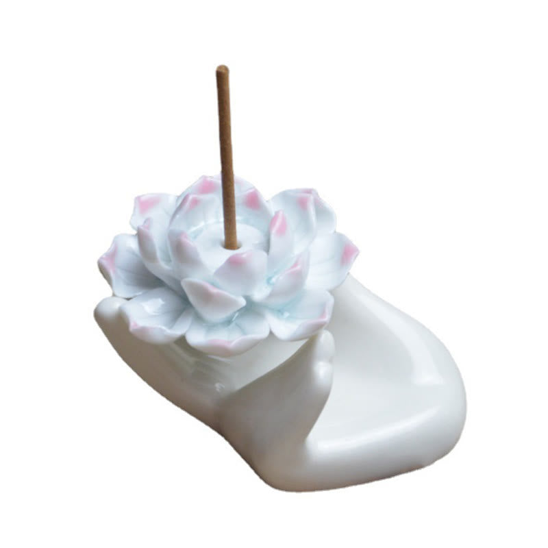 Small Ceramic Mudra Hand & Lotus Incense Burner for Mindful Practice