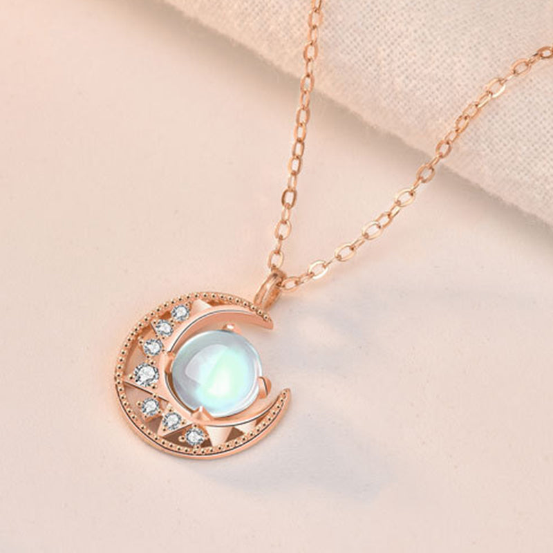 925 Sterling Silver Moonstone Moon Pattern Love Necklace Pendant