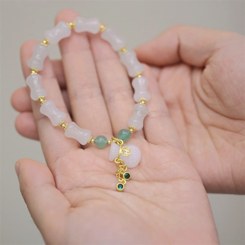Natural White Golden Silk Jade and Green Aventurine Bamboo Pattern Fu Character Charm Bracelet