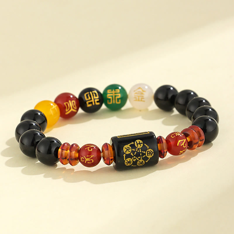 Five Elements Black Onyx Red Agate Wisdom Wealth Bracelet