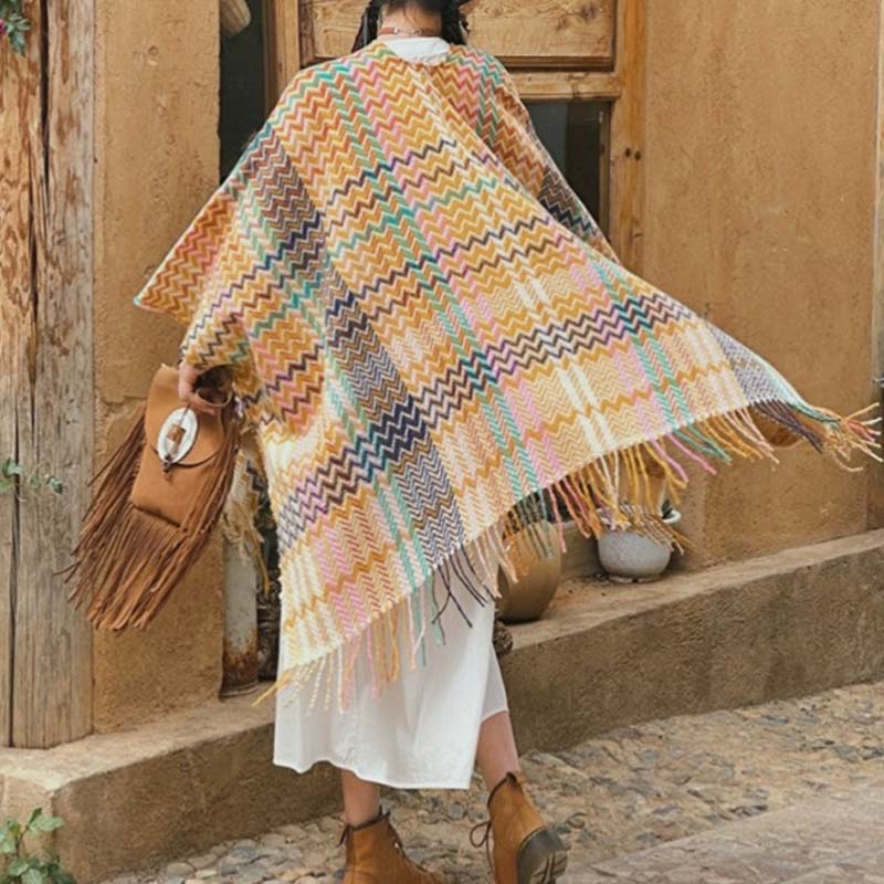Tibetan Shawl Colorful Wavy Striped Shapes Tassels Winter Cozy Travel Scarf Wrap