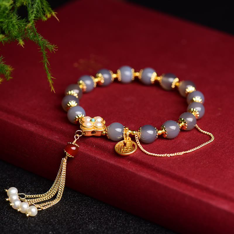 Natural Gray Agate and Pearl Beaded Bracelet with Fu Symbol Tassel