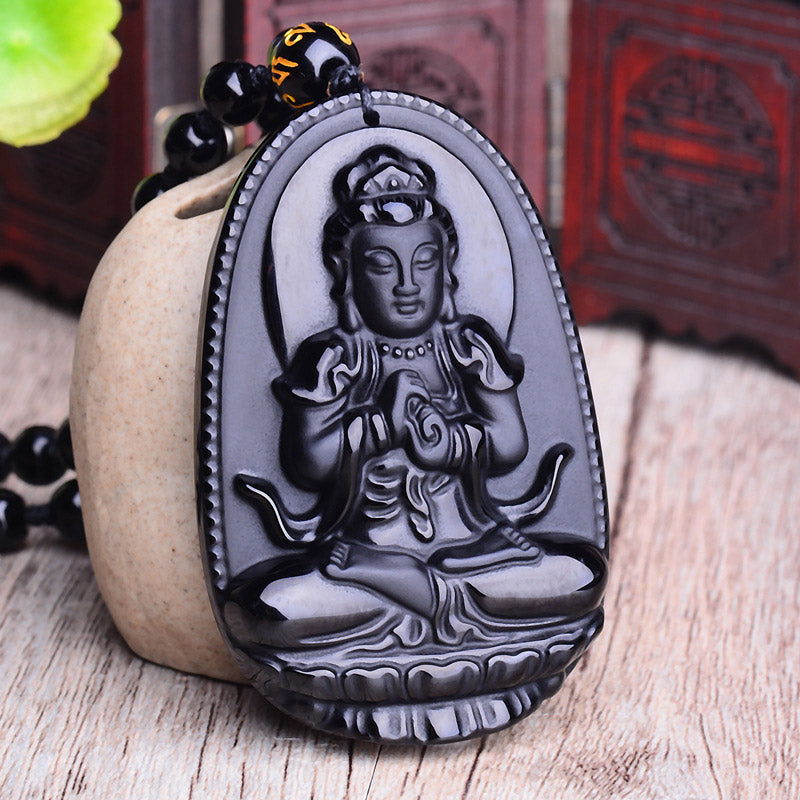 Chinese Zodiac Obsidian Buddha Amulet Protection Pendant Necklace