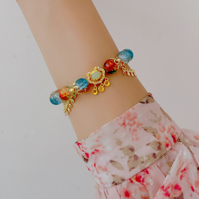 Colorful Liuli Glass Bead Chinese Lock Charm Fortune Bracelet