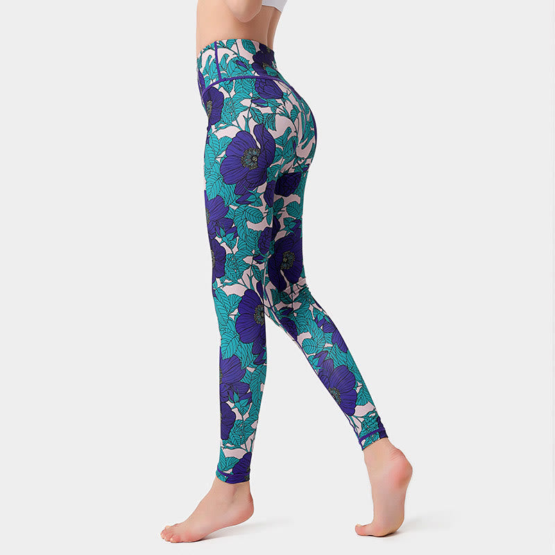 Colorful Flower Petal Leaves Print Sports Exercise Fitness High Waist Leggings Women's Yoga Pants