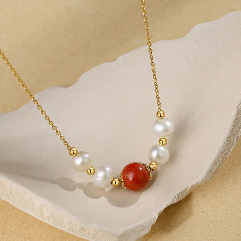 925 Sterling Silver Pearl Cinnabar Sincerity Healing Bead Chain Necklace Pendant