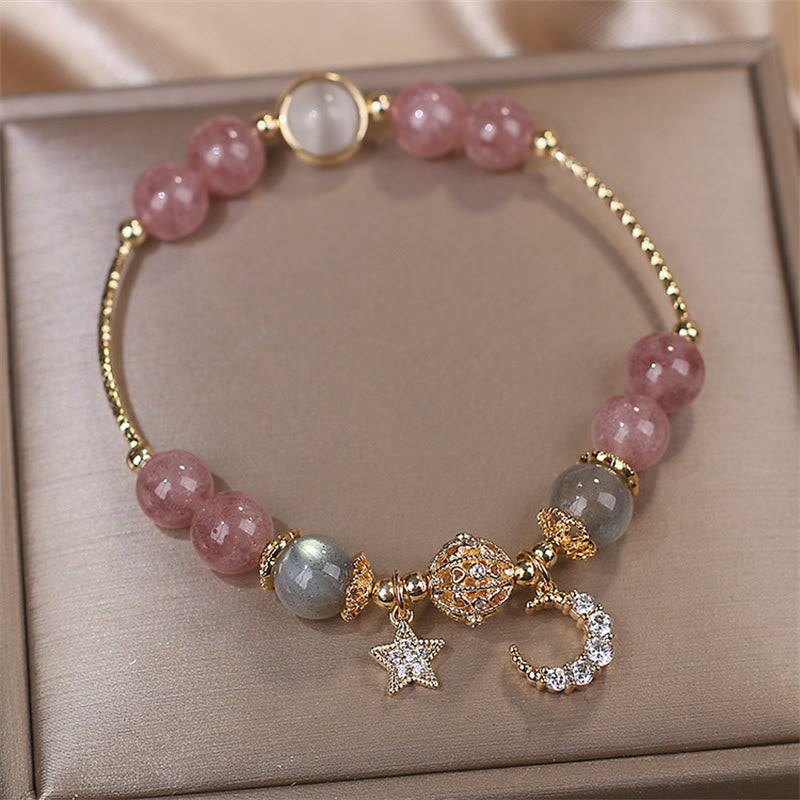 Celestial Strawberry Quartz, Moonstone & Cat's Eye Moon Star Gemstone Bracelet