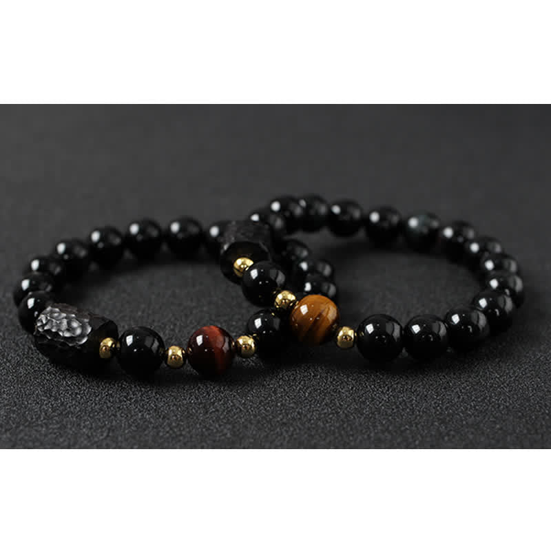 Ebony Wood & Black Obsidian Gold Sterling Silver Tiger Eye Beaded Couple Bracelet