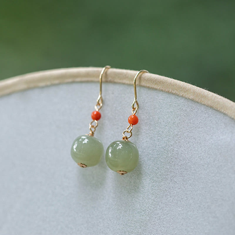 925 Sterling Silver Plated 14k Gold Hetian Jade Red Agate Luck Drop Dangle Earrings