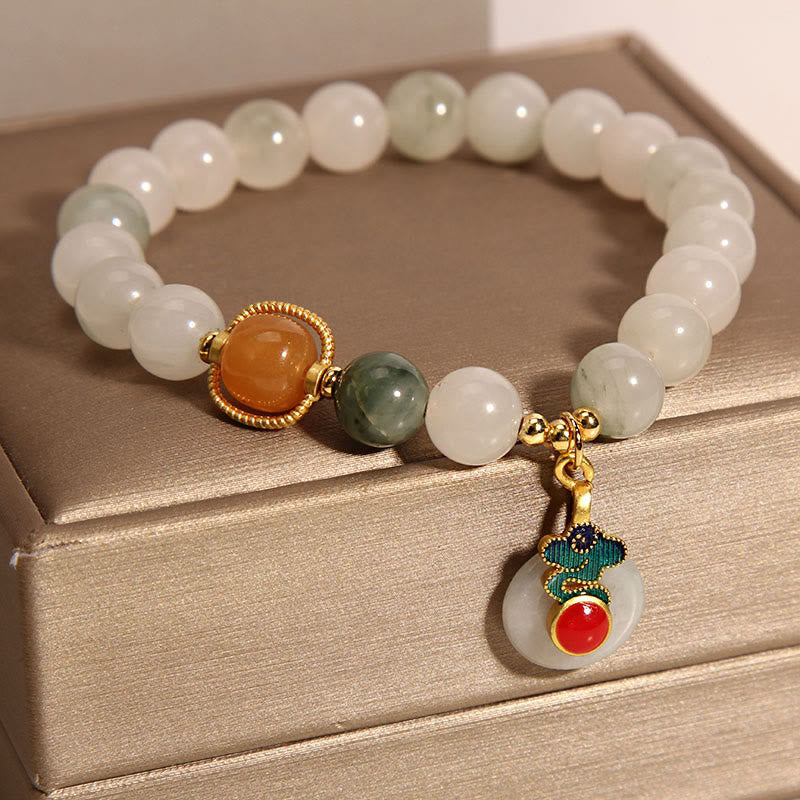 Jade and Red Agate Beaded Bracelet with Citrine and Auspicious Clouds Motif