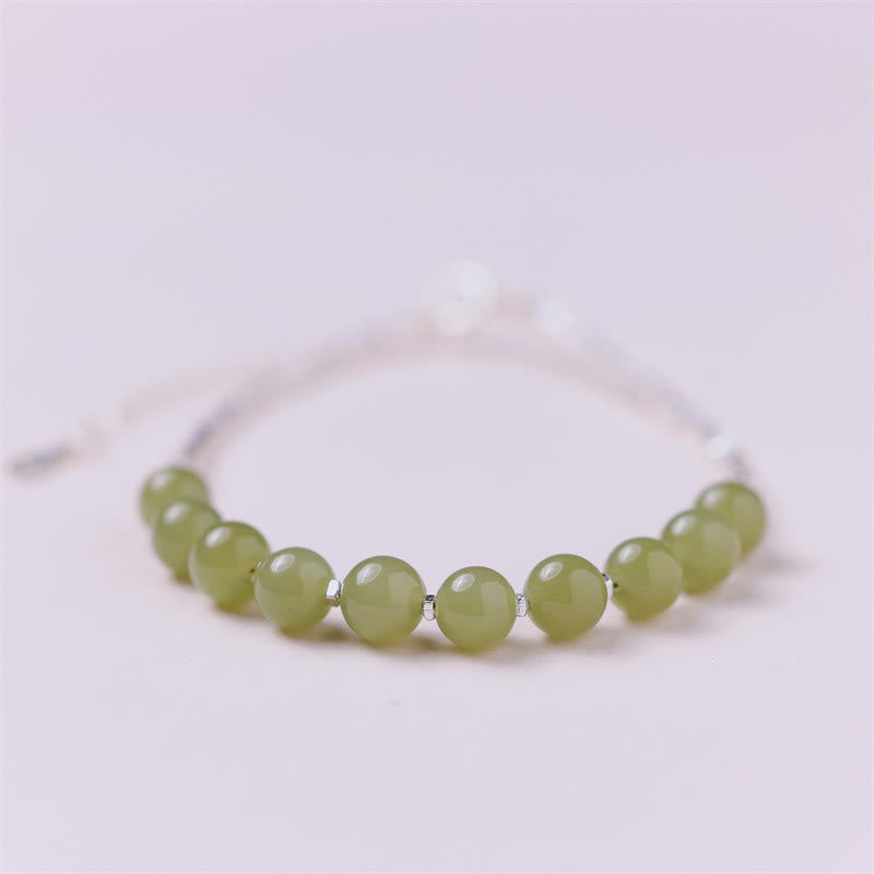 Exquisite 925 Sterling Silver Hetian Jade Bead Chain Bracelet