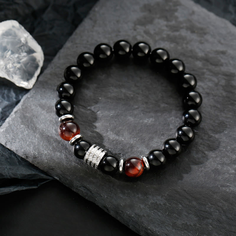 10mm Black Obsidian and Tiger Eye Beaded Bracelet with Titanium Steel