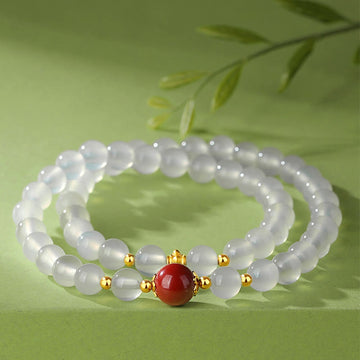 Natural White Agate and Cinnabar 925 Sterling Silver Double Wrap Bracelet