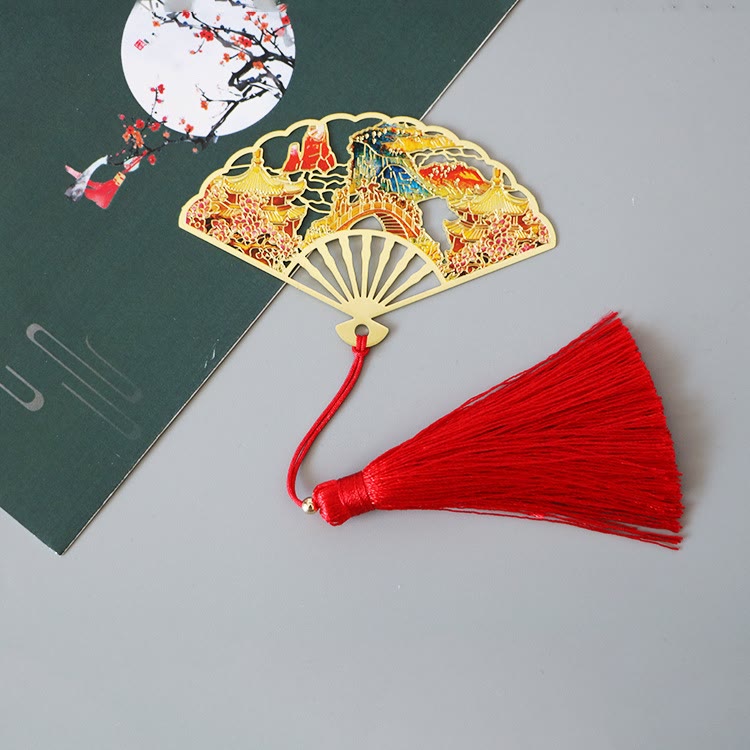 Traditional Butterfly Lotus Flower Crane Dragon Phoenix Fox Koi Fish New Beginning Metal Brass Hollow Fan Bookmarks