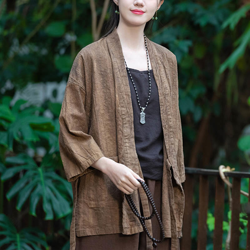 Hanfu Design Three Quarter Sleeve Ramie Linen Coat Open Front Top Jacket