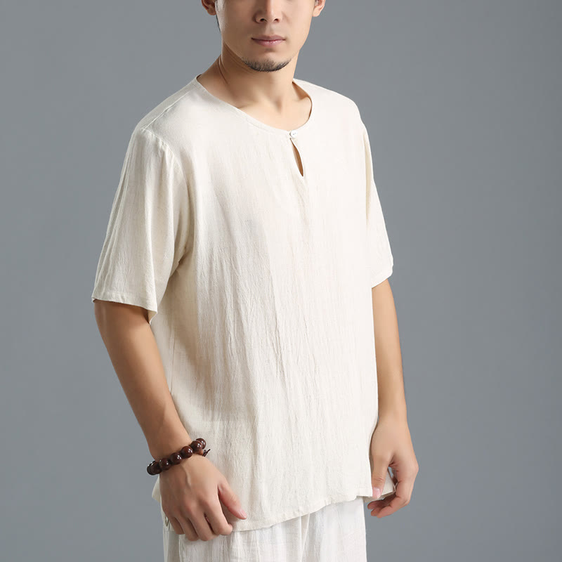 Breathable Cotton-Linen Crew Neck Short Sleeve Meditation Shirt