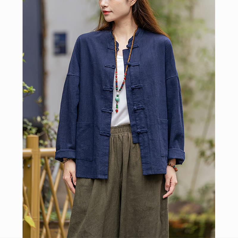 Frog-Button Design Shirt Tai Chi Meditation Top Clothing Ramie Linen Jacket
