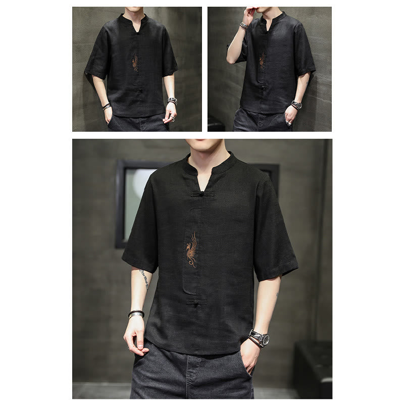 Frog-Button Phoenix Embroidery Chinese Tang Suit Short Sleeve Shirt Cotton Linen Men Clothing