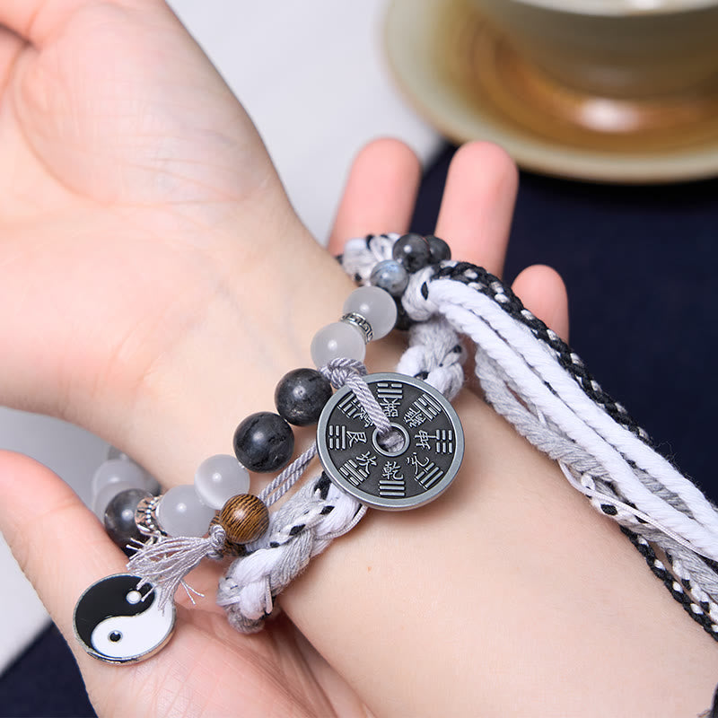 Mountain Ghost Coin & Yin Yang Bagua Rune Double Layer Rope Bracelet