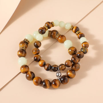 Luminous Tiger Eye and Glowstone Beaded Couple Bracelet Set
