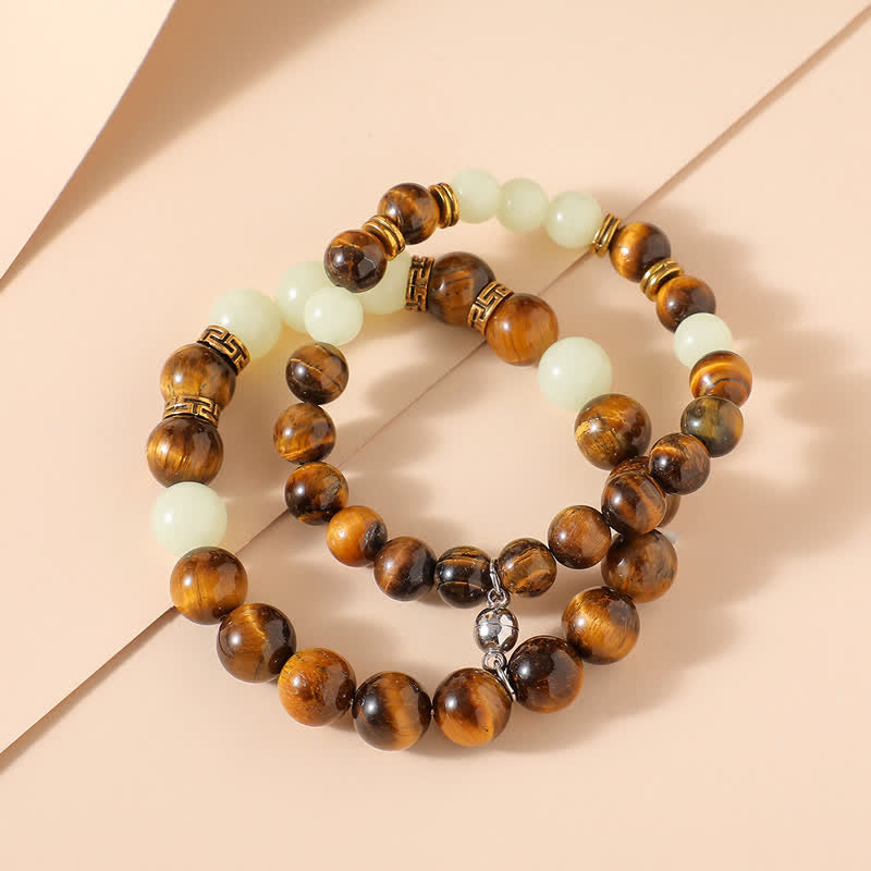 Luminous Tiger Eye and Glowstone Beaded Couple Bracelet Set