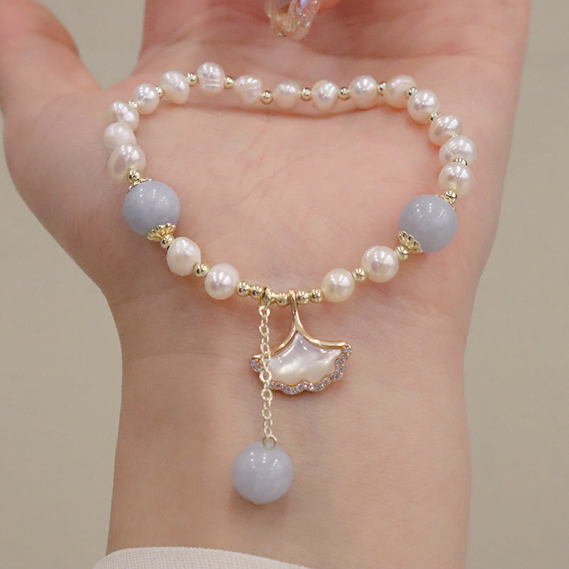 Natural Aquamarine Pearl Seashell Charm Bracelet with Ginkgo Leaf or Butterfly Accents