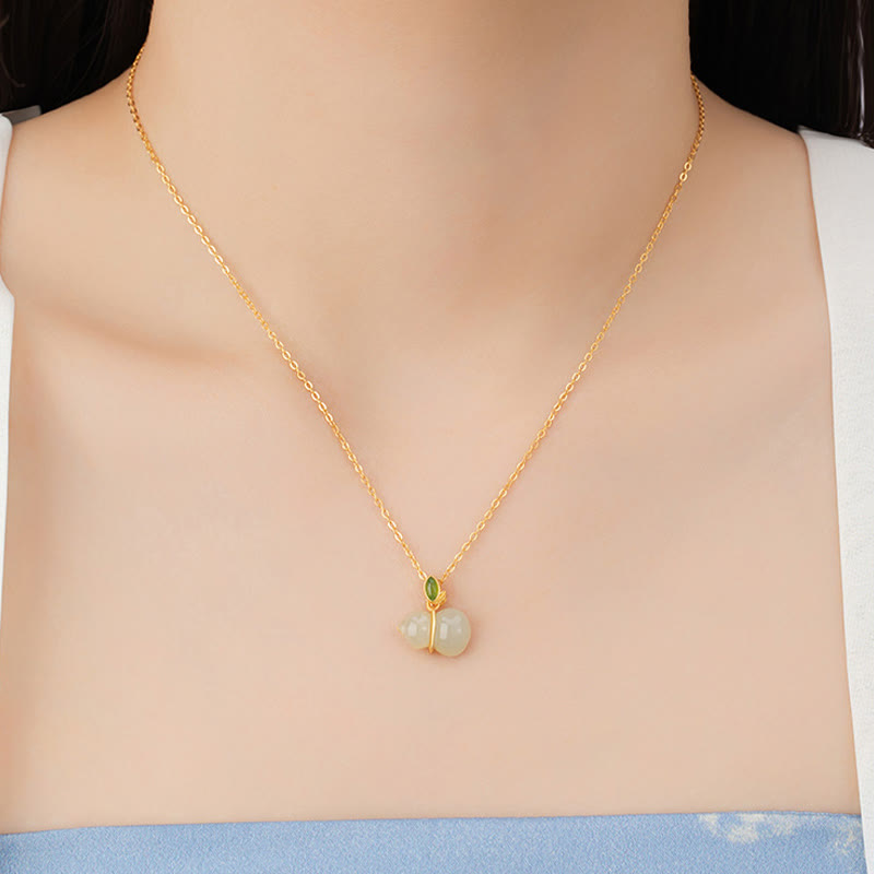 925 Sterling Silver Hetian Jade Gourd Abundance Necklace Pendant