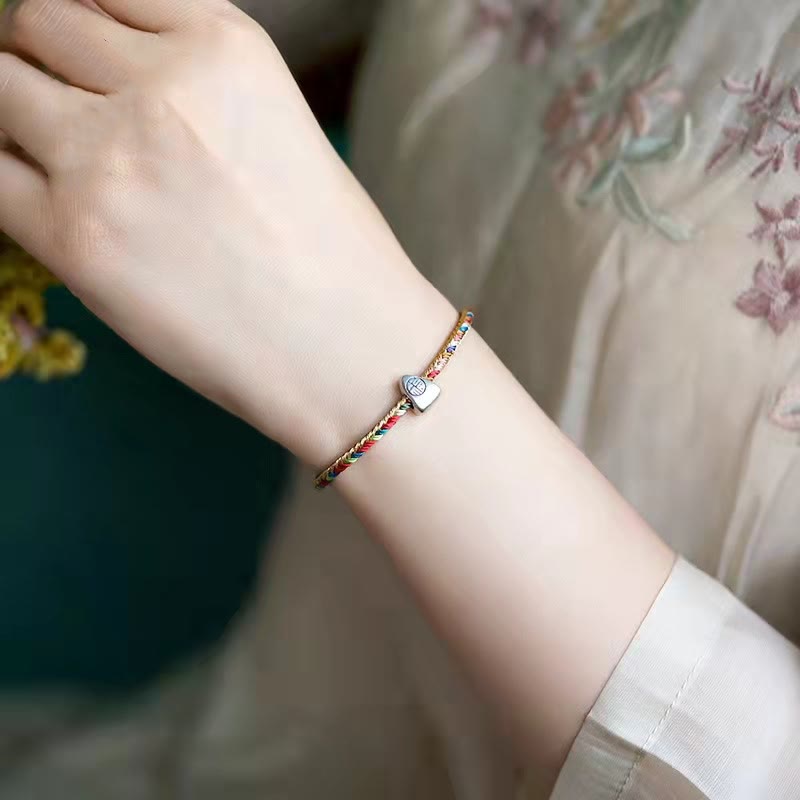 925 Sterling Silver Fu Character Zongzi Pattern Multicolored String Luck Handmade Braided Bracelet