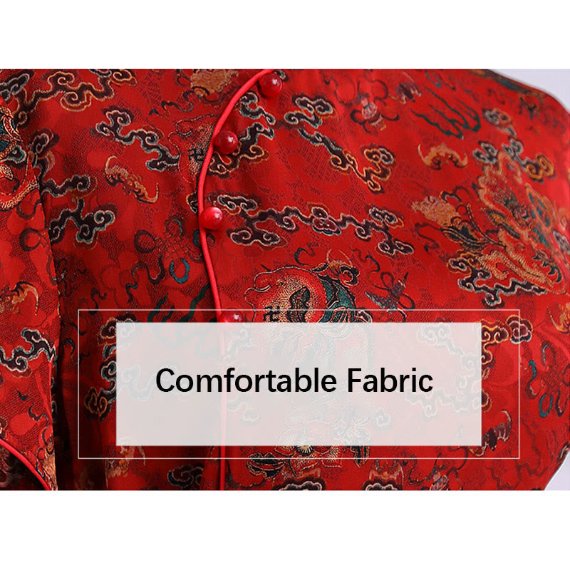 Vintage Auspicious Clouds Leaf Print Cheongsam Dress Women's Qipao Dress