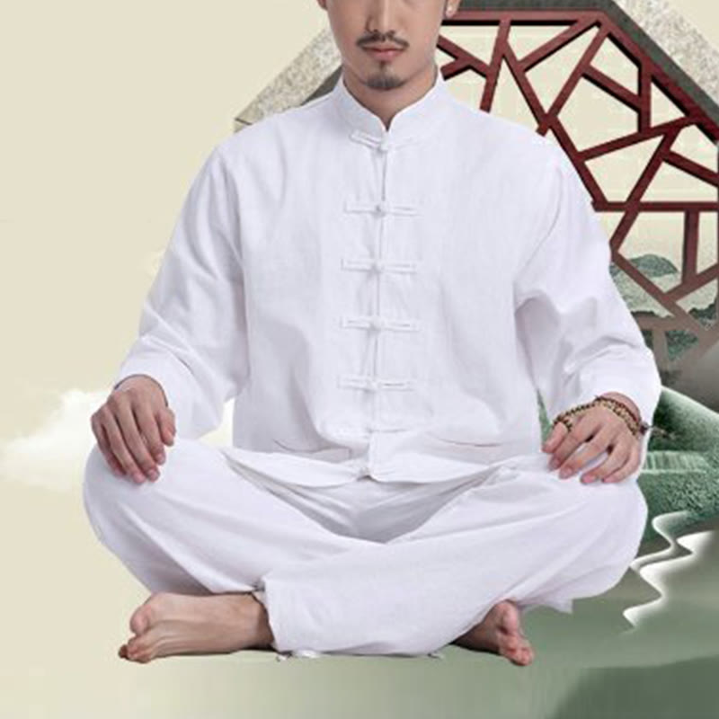 Chinese Frog Button Design Meditation Prayer Cotton Linen Spiritual Zen Practice Yoga Clothing Men's Set